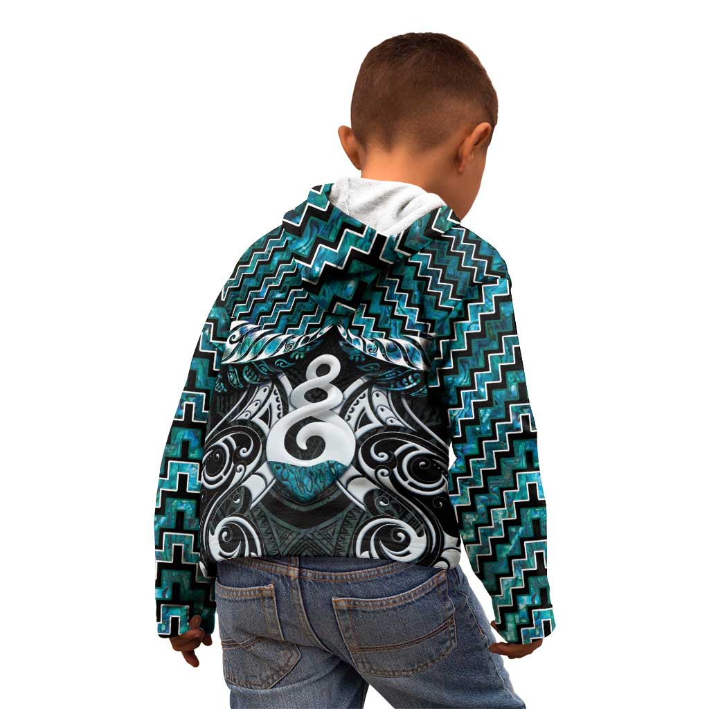 New Zealand Maori Kid Hoodie Poutama Pikorua Turquoise Paua Shell LT05 - Vibe Hoodie Shop