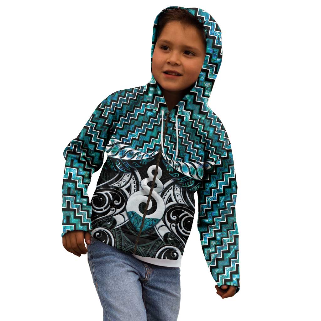 New Zealand Maori Kid Hoodie Poutama Pikorua Turquoise Paua Shell LT05 - Vibe Hoodie Shop