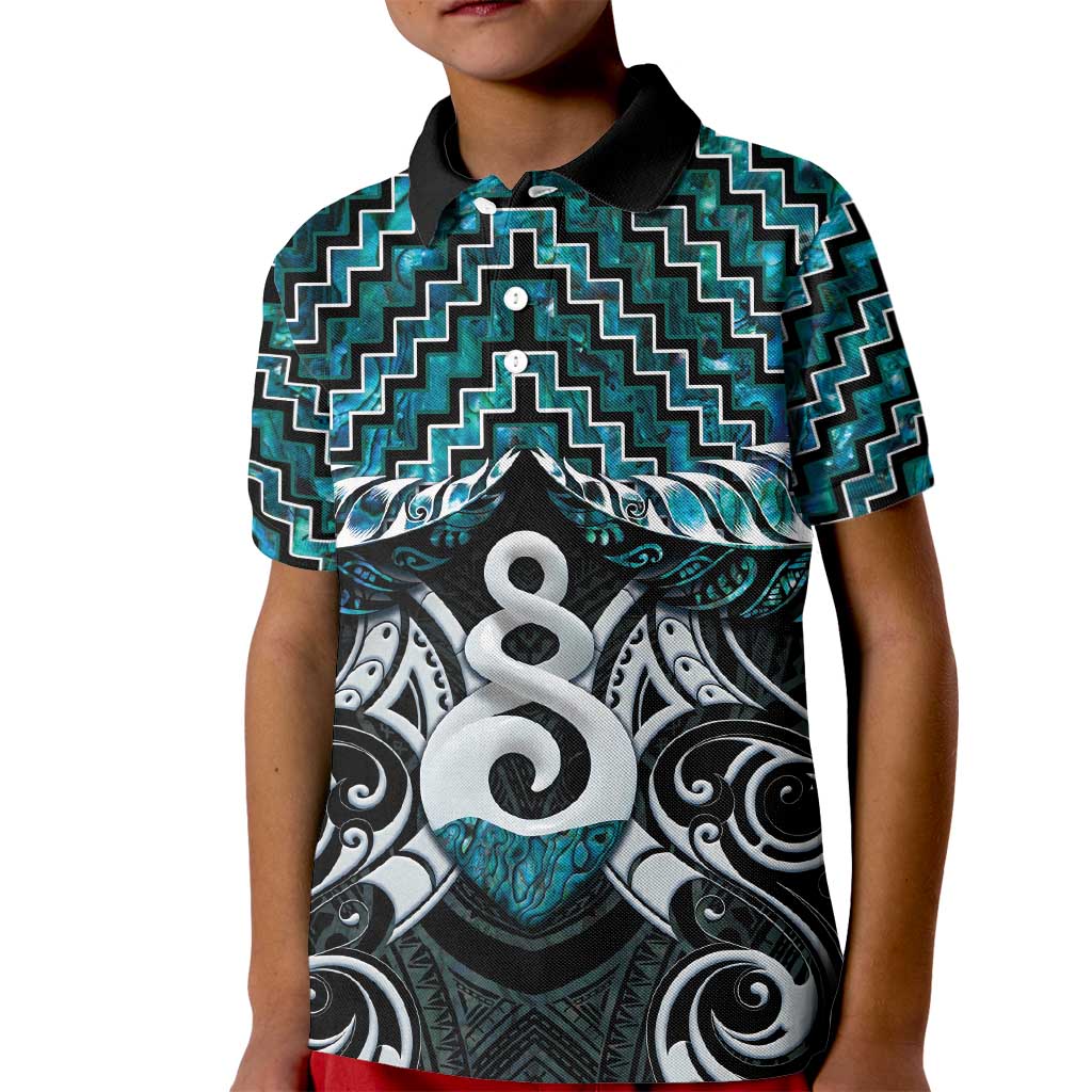 New Zealand Maori Kid Polo Shirt Poutama Pikorua Turquoise Paua Shell LT05 - Vibe Hoodie Shop