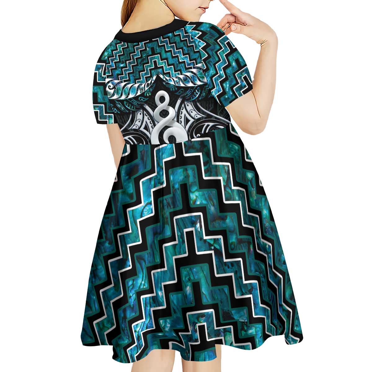 New Zealand Maori Kid Short Sleeve Dress Poutama Pikorua Turquoise Paua Shell LT05 - Vibe Hoodie Shop