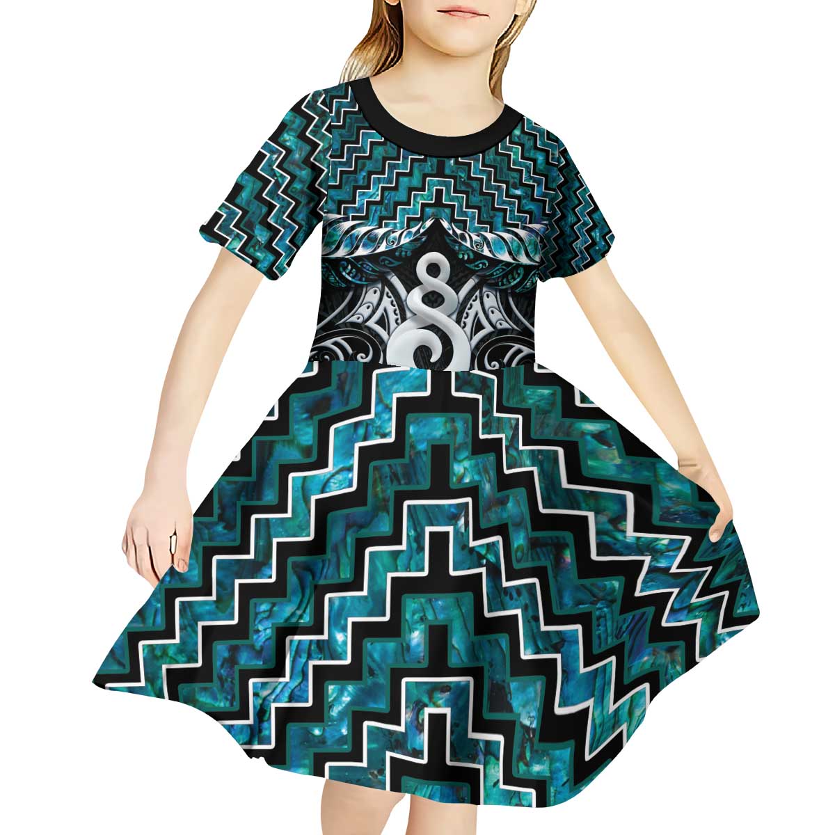 New Zealand Maori Kid Short Sleeve Dress Poutama Pikorua Turquoise Paua Shell LT05 - Vibe Hoodie Shop