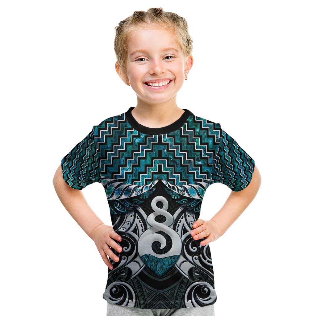 New Zealand Maori Kid T Shirt Poutama Pikorua Turquoise Paua Shell LT05 - Vibe Hoodie Shop