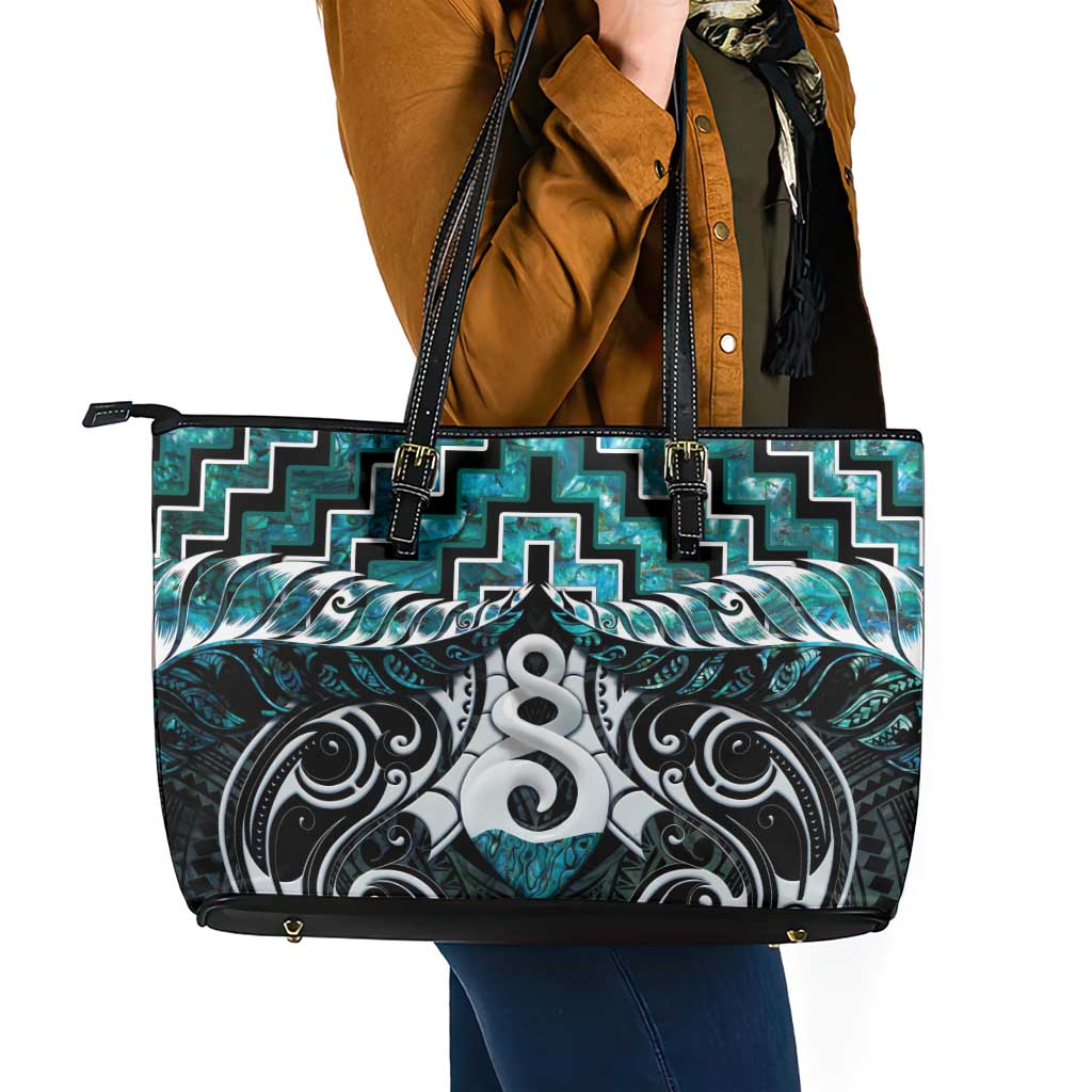 New Zealand Maori Leather Tote Bag Poutama Pikorua Turquoise Paua Shell