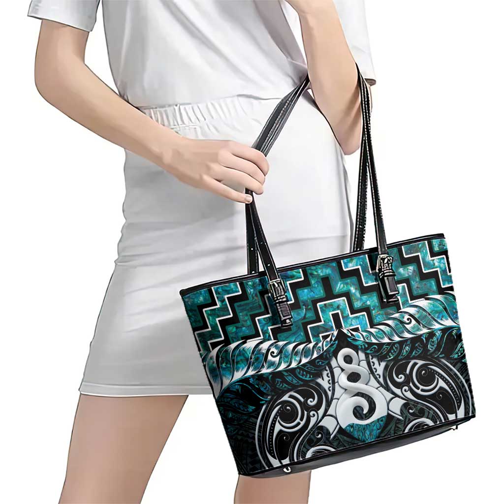 New Zealand Maori Leather Tote Bag Poutama Pikorua Turquoise Paua Shell