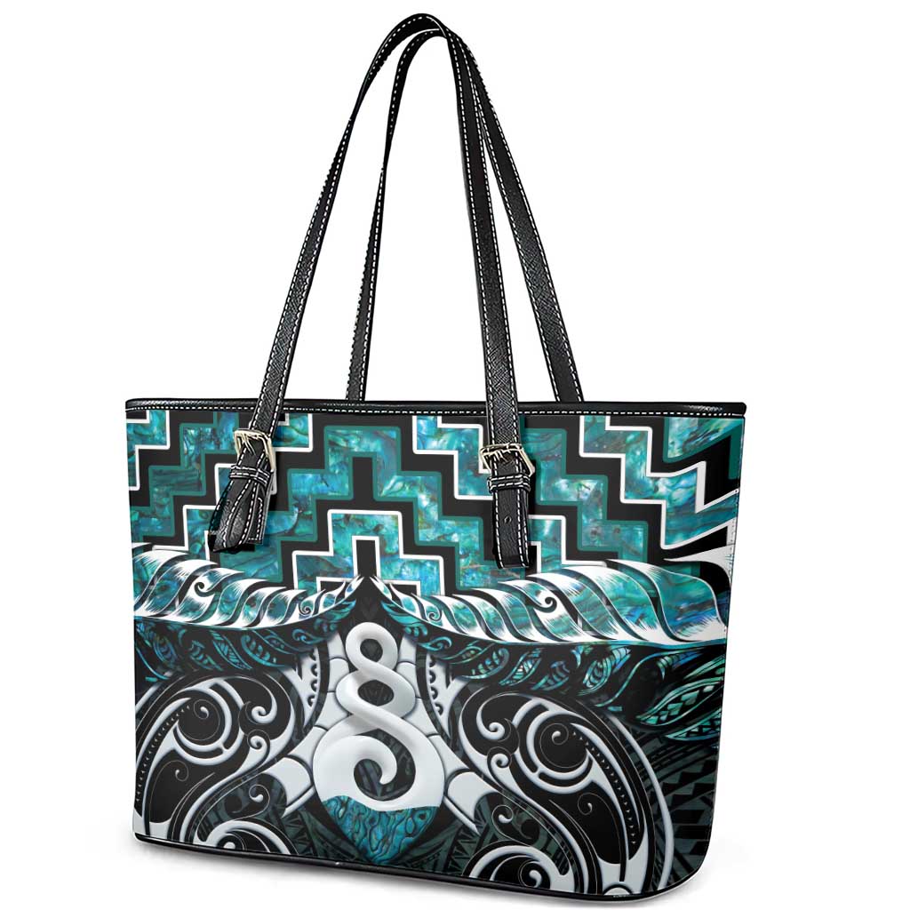 New Zealand Maori Leather Tote Bag Poutama Pikorua Turquoise Paua Shell