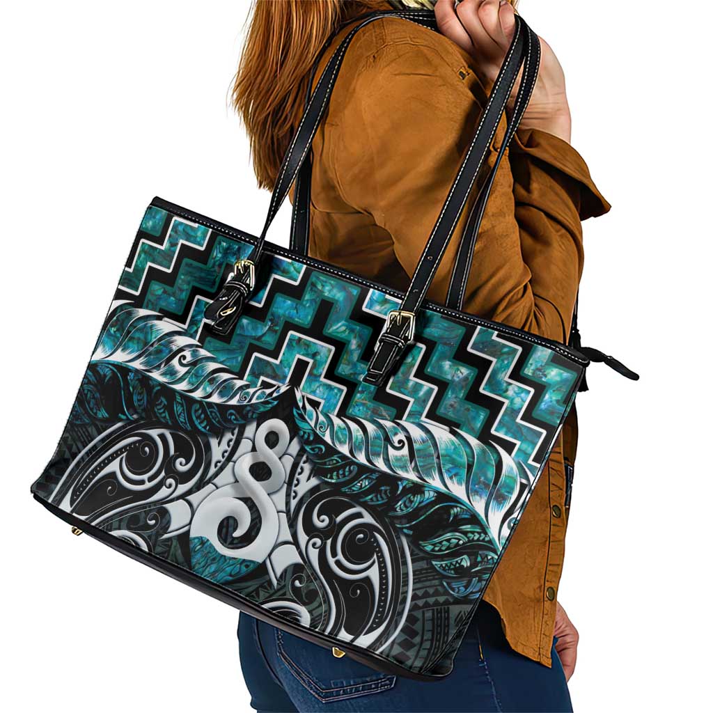 New Zealand Maori Leather Tote Bag Poutama Pikorua Turquoise Paua Shell