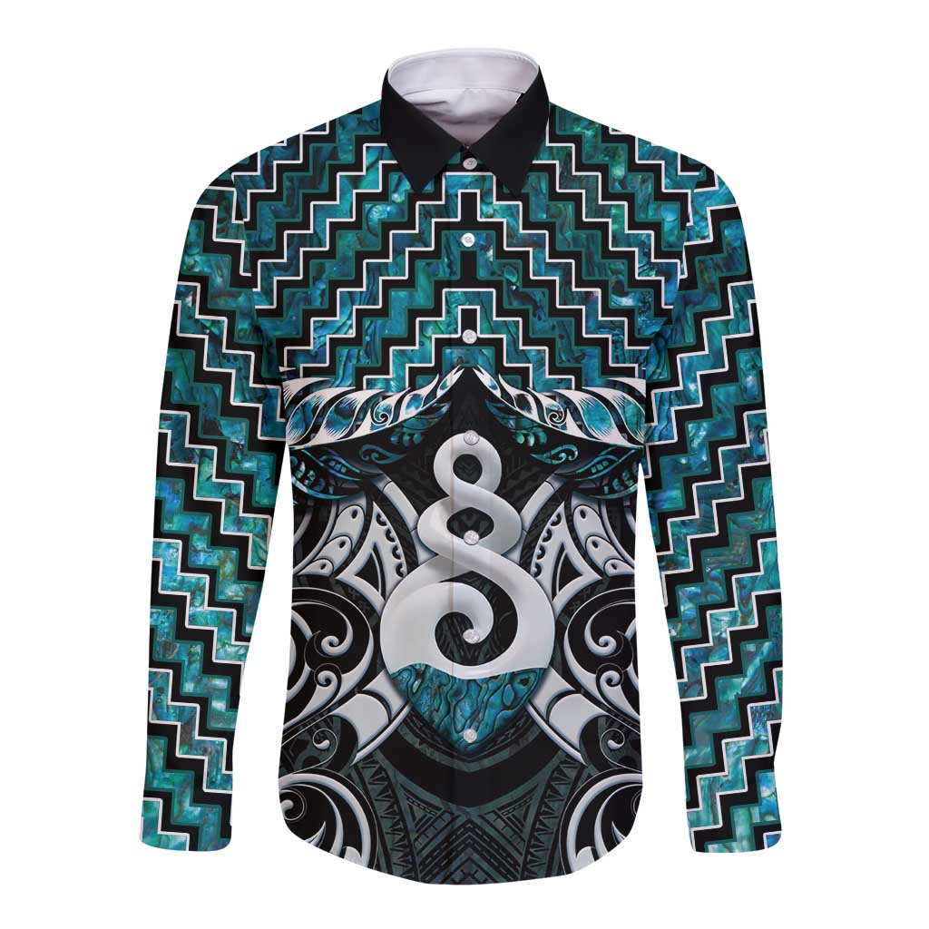 New Zealand Maori Long Sleeve Button Shirt Poutama Pikorua Turquoise Paua Shell LT05 - Vibe Hoodie Shop