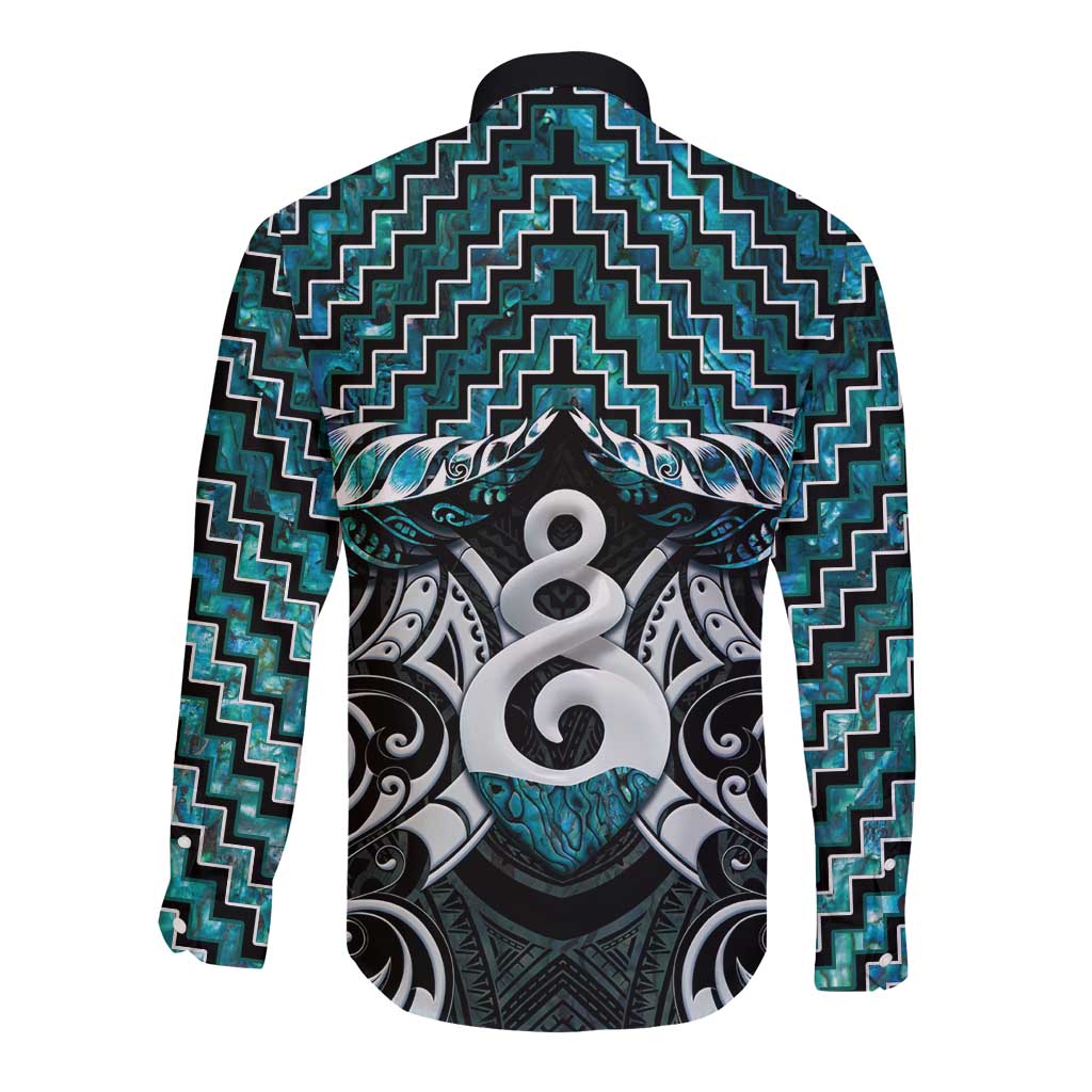 New Zealand Maori Long Sleeve Button Shirt Poutama Pikorua Turquoise Paua Shell LT05 - Vibe Hoodie Shop