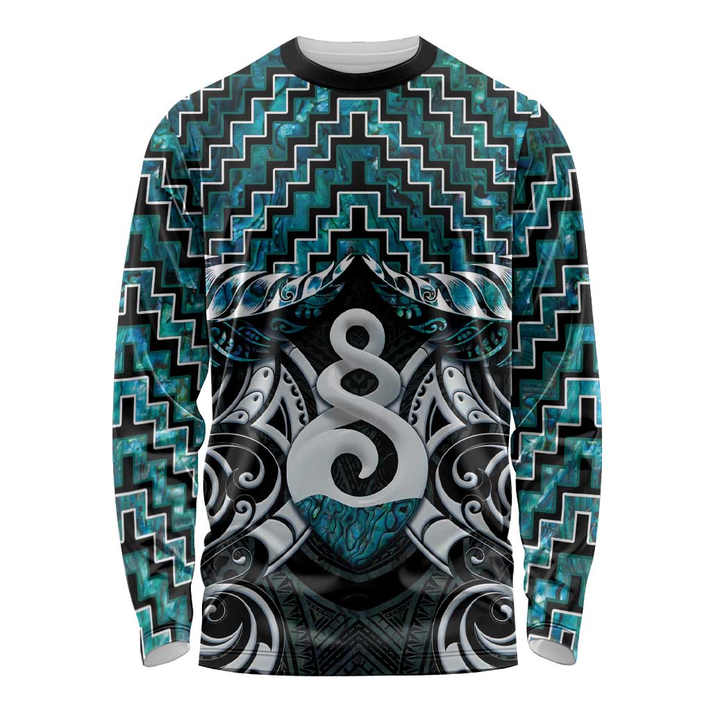 New Zealand Maori Long Sleeve Shirt Poutama Pikorua Turquoise Paua Shell LT05 - Vibe Hoodie Shop