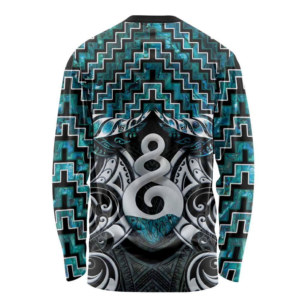 New Zealand Maori Long Sleeve Shirt Poutama Pikorua Turquoise Paua Shell LT05 - Vibe Hoodie Shop