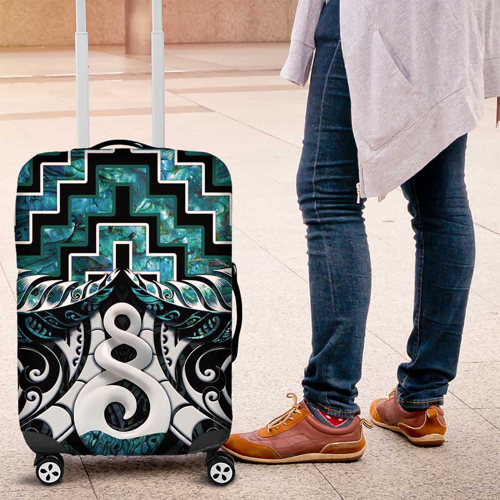 New Zealand Maori Luggage Cover Poutama Pikorua Turquoise Paua Shell LT05 - Vibe Hoodie Shop