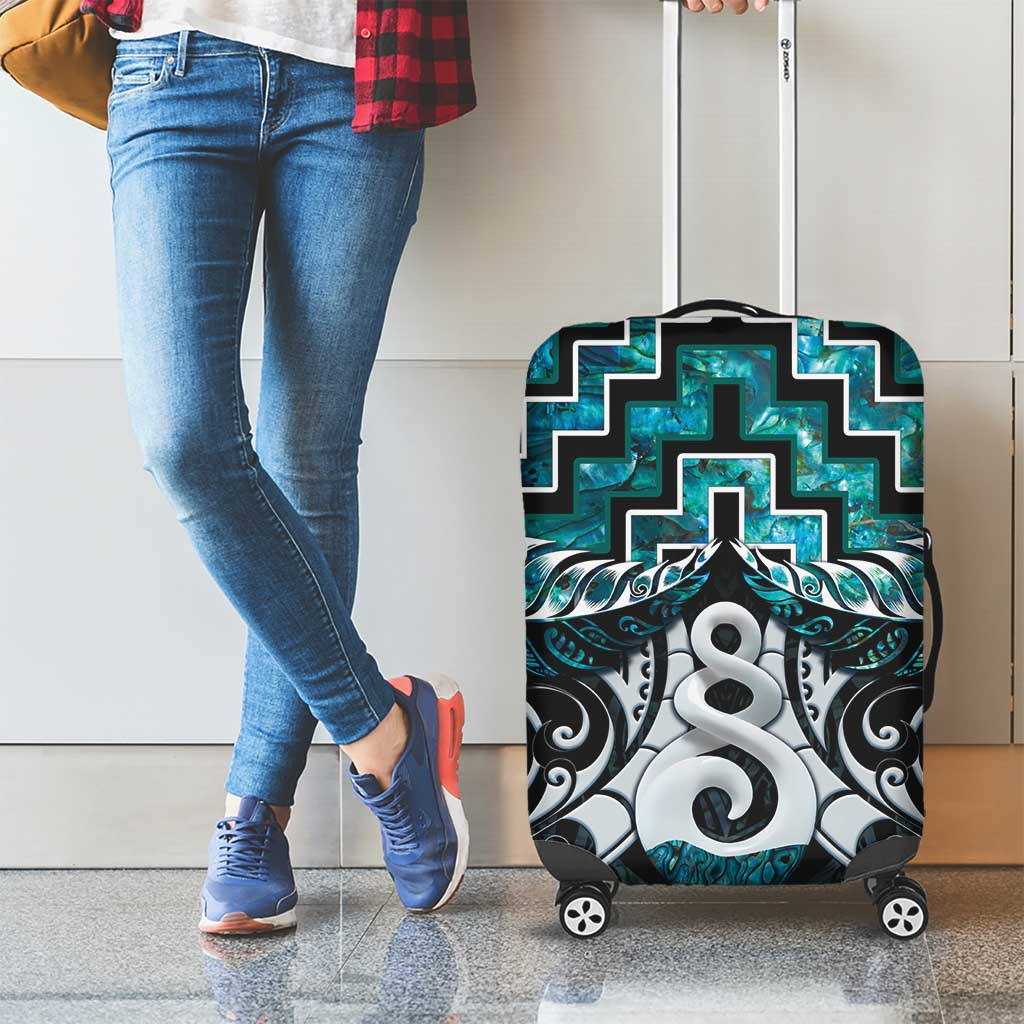 New Zealand Maori Luggage Cover Poutama Pikorua Turquoise Paua Shell LT05 - Vibe Hoodie Shop