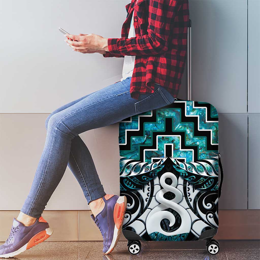 New Zealand Maori Luggage Cover Poutama Pikorua Turquoise Paua Shell LT05 - Vibe Hoodie Shop