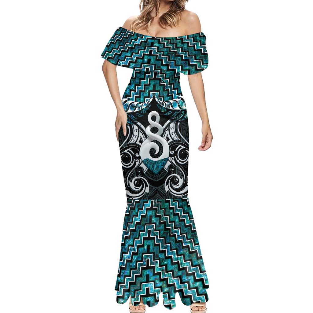 New Zealand Maori Mermaid Dress Poutama Pikorua Turquoise Paua Shell