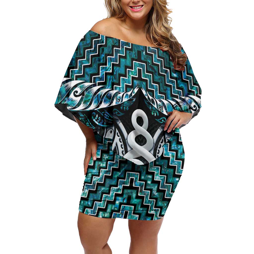 New Zealand Maori Off Shoulder Short Dress Poutama Pikorua Turquoise Paua Shell