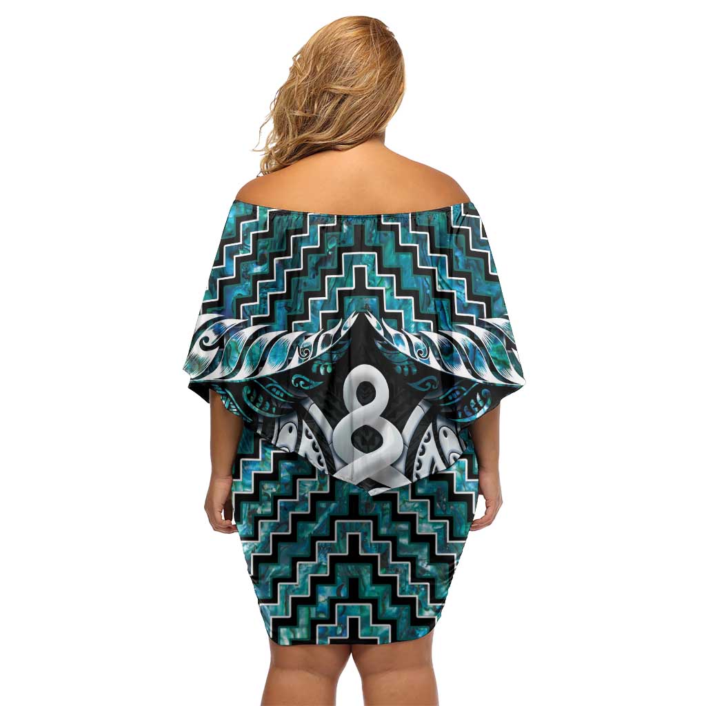 New Zealand Maori Off Shoulder Short Dress Poutama Pikorua Turquoise Paua Shell