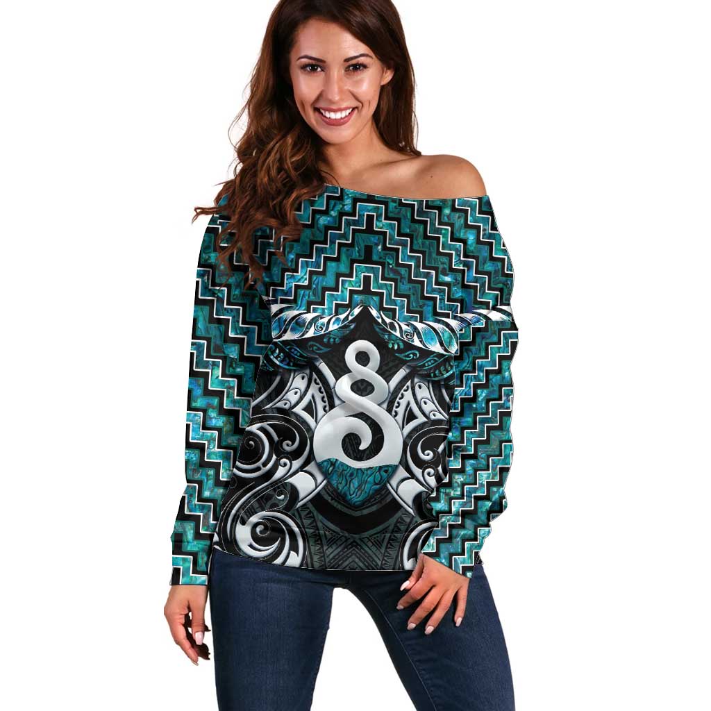 New Zealand Maori Off Shoulder Sweater Poutama Pikorua Turquoise Paua Shell LT05 - Vibe Hoodie Shop