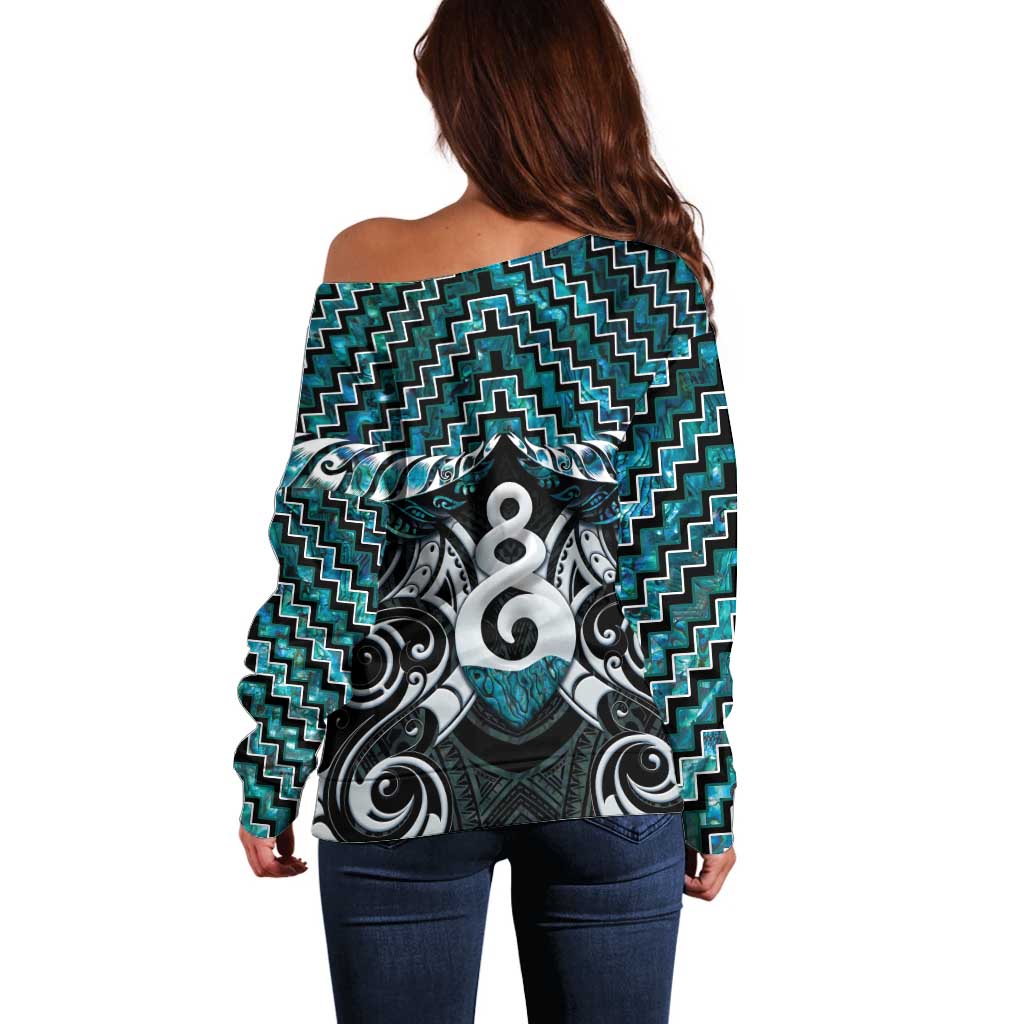 New Zealand Maori Off Shoulder Sweater Poutama Pikorua Turquoise Paua Shell LT05 - Vibe Hoodie Shop