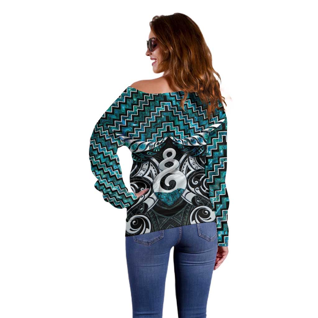 New Zealand Maori Off Shoulder Sweater Poutama Pikorua Turquoise Paua Shell LT05 - Vibe Hoodie Shop