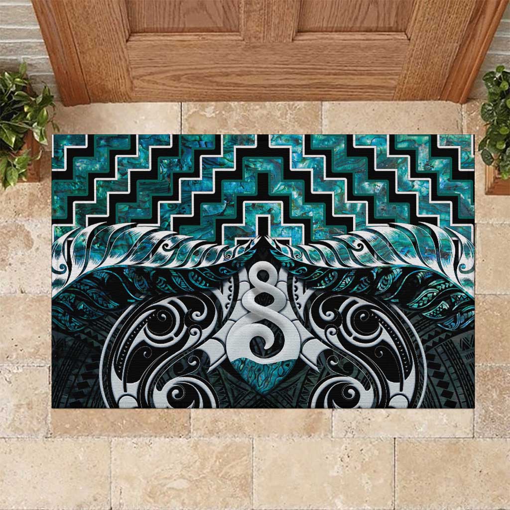 New Zealand Maori Rubber Doormat Poutama Pikorua Turquoise Paua Shell