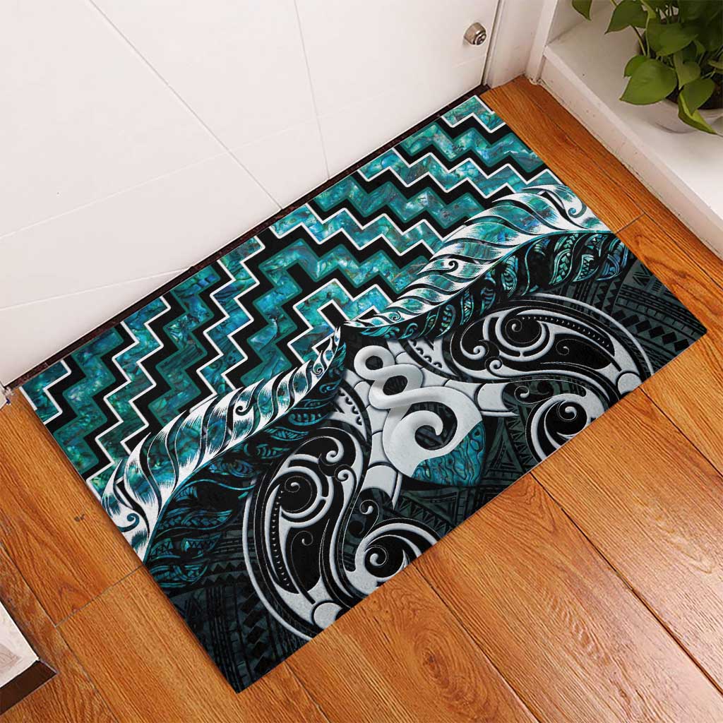 New Zealand Maori Rubber Doormat Poutama Pikorua Turquoise Paua Shell