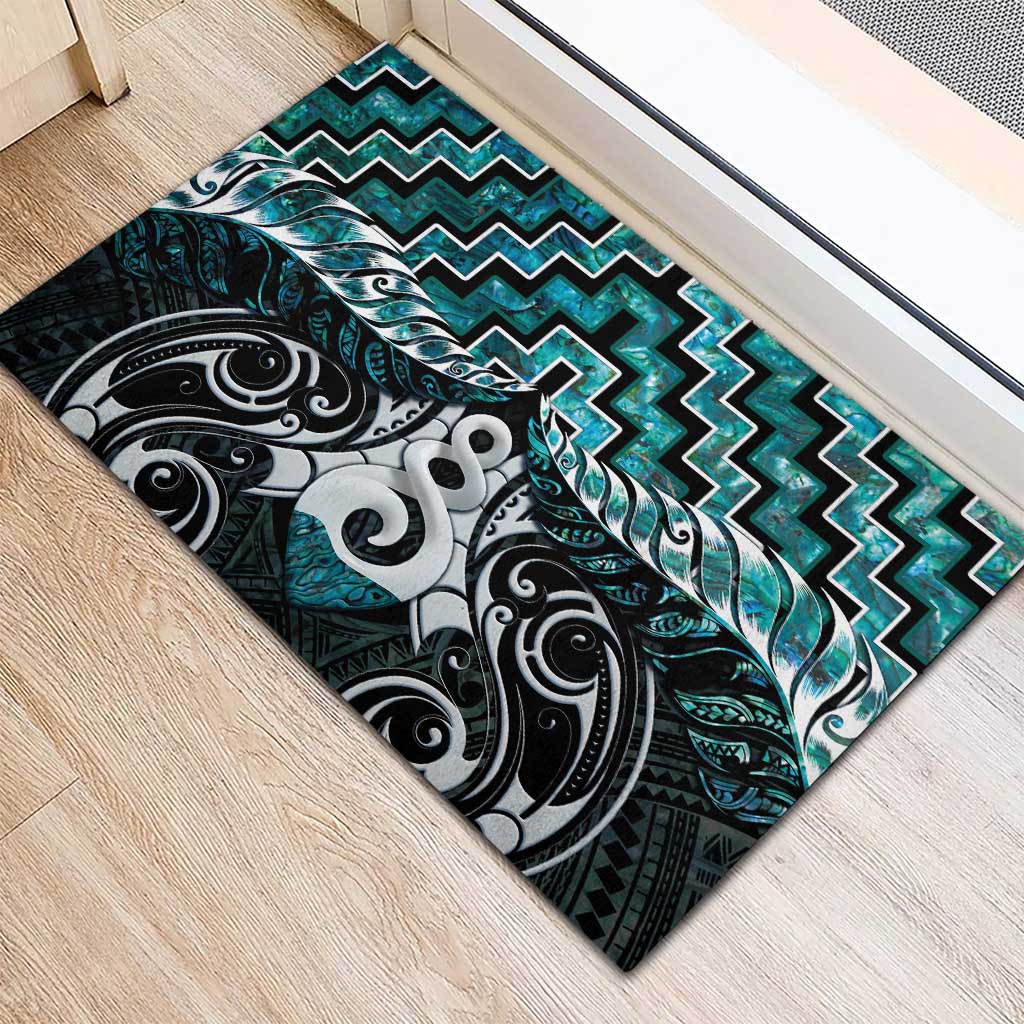 New Zealand Maori Rubber Doormat Poutama Pikorua Turquoise Paua Shell