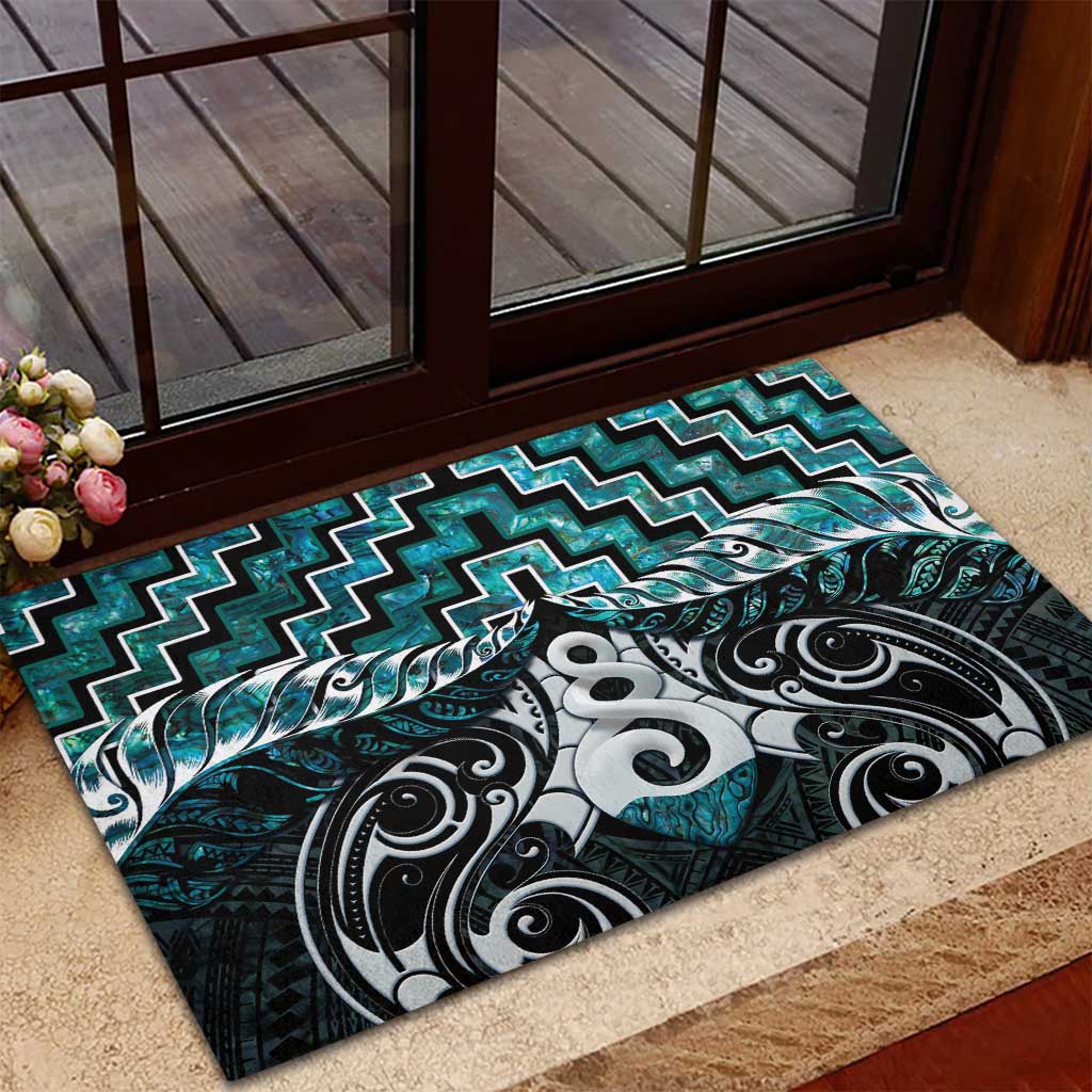 New Zealand Maori Rubber Doormat Poutama Pikorua Turquoise Paua Shell