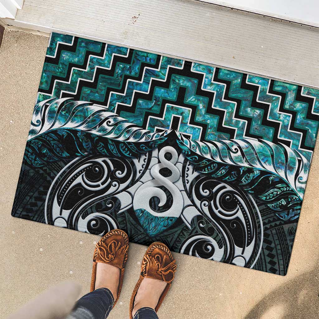 New Zealand Maori Rubber Doormat Poutama Pikorua Turquoise Paua Shell