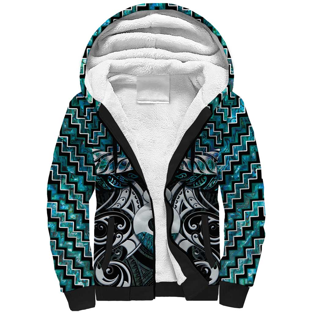 New Zealand Maori Sherpa Hoodie Poutama Pikorua Turquoise Paua Shell LT05 - Vibe Hoodie Shop