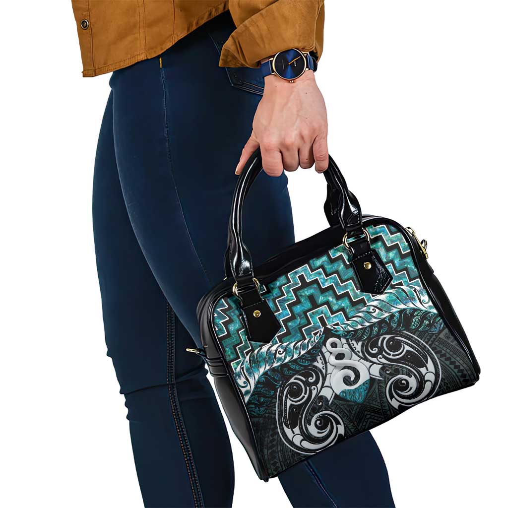 New Zealand Maori Shoulder Handbag Poutama Pikorua Turquoise Paua Shell LT05 - Vibe Hoodie Shop