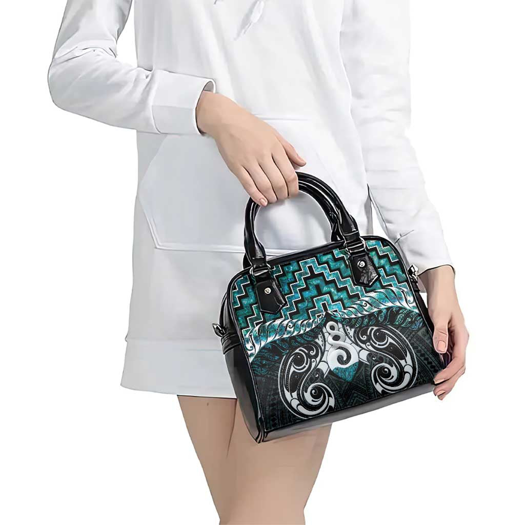 New Zealand Maori Shoulder Handbag Poutama Pikorua Turquoise Paua Shell LT05 - Vibe Hoodie Shop