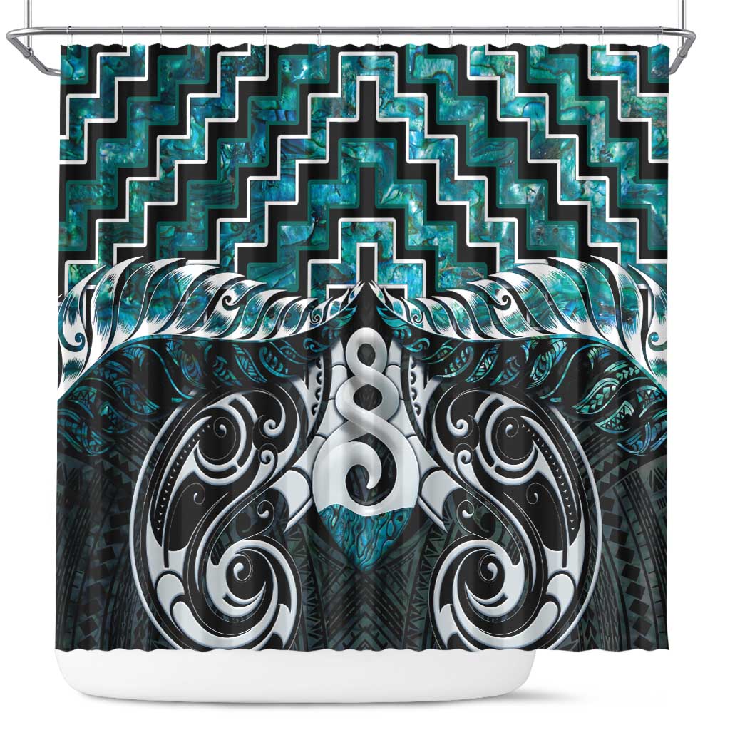 New Zealand Maori Shower Curtain Poutama Pikorua Turquoise Paua Shell