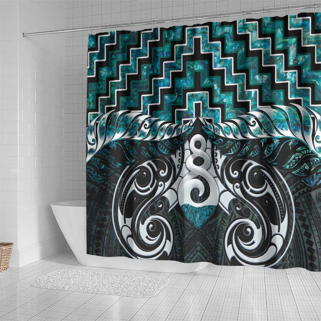 New Zealand Maori Shower Curtain Poutama Pikorua Turquoise Paua Shell