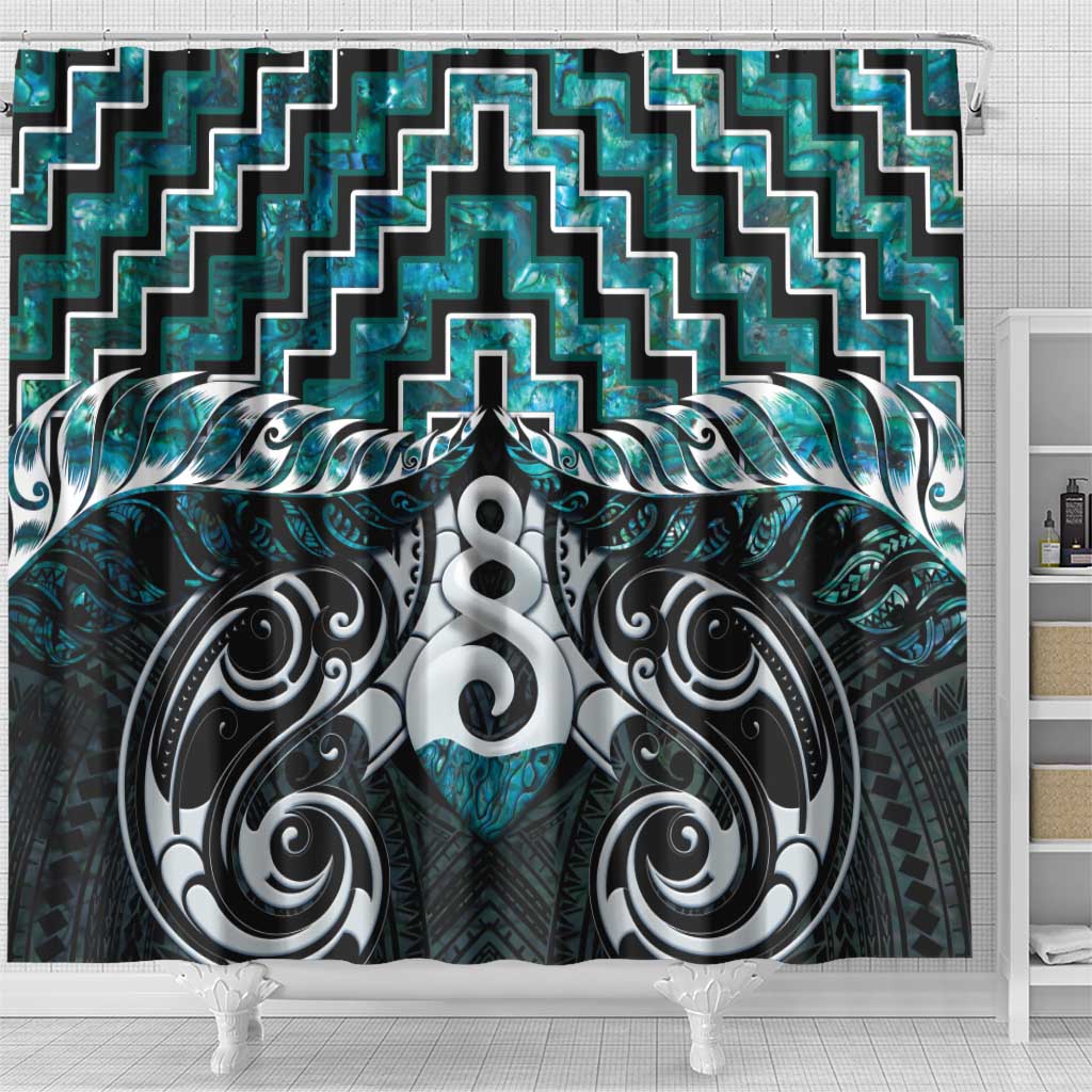 New Zealand Maori Shower Curtain Poutama Pikorua Turquoise Paua Shell