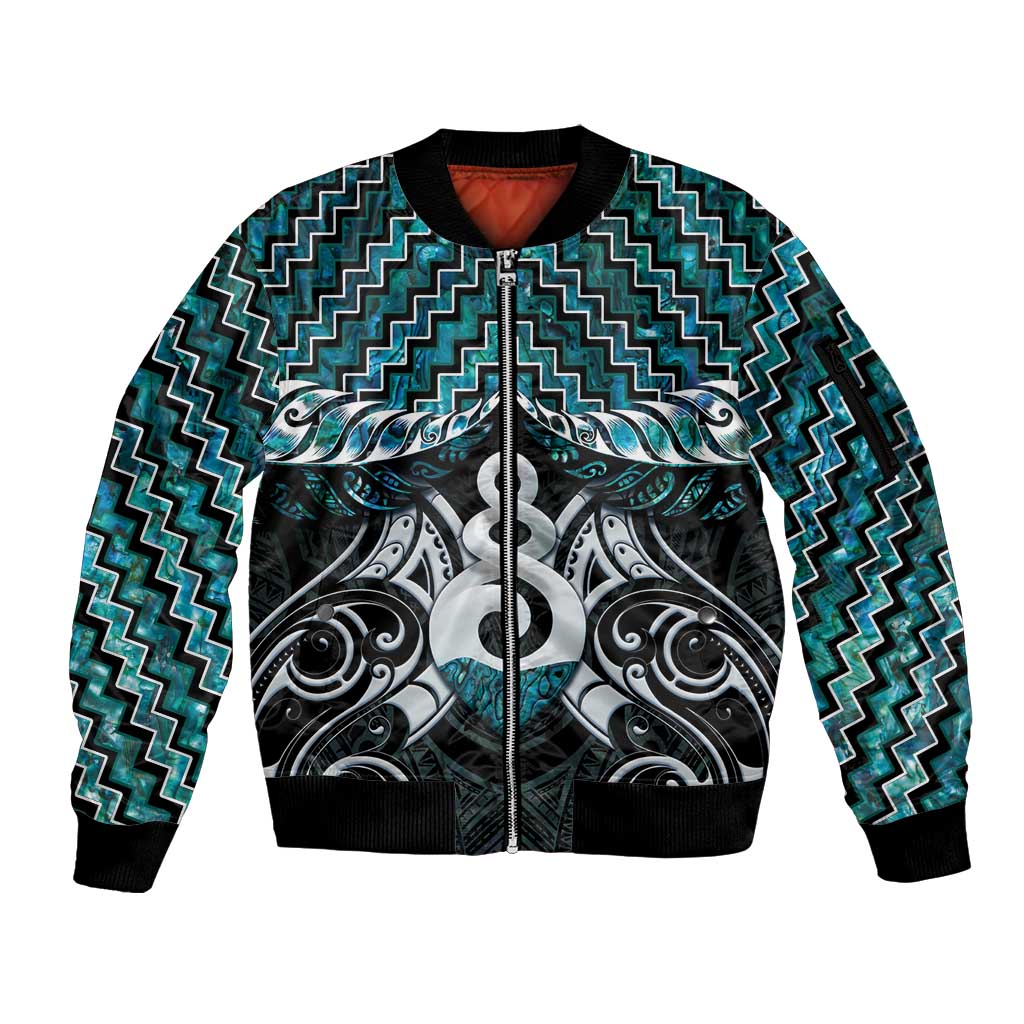 New Zealand Maori Sleeve Zip Bomber Jacket Poutama Pikorua Turquoise Paua Shell