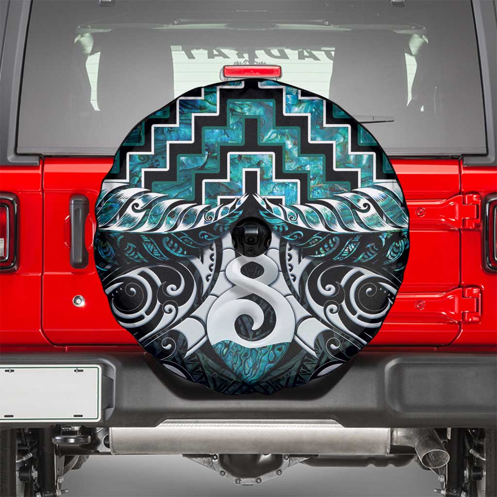 New Zealand Maori Spare Tire Cover Poutama Pikorua Turquoise Paua Shell LT05 - Vibe Hoodie Shop