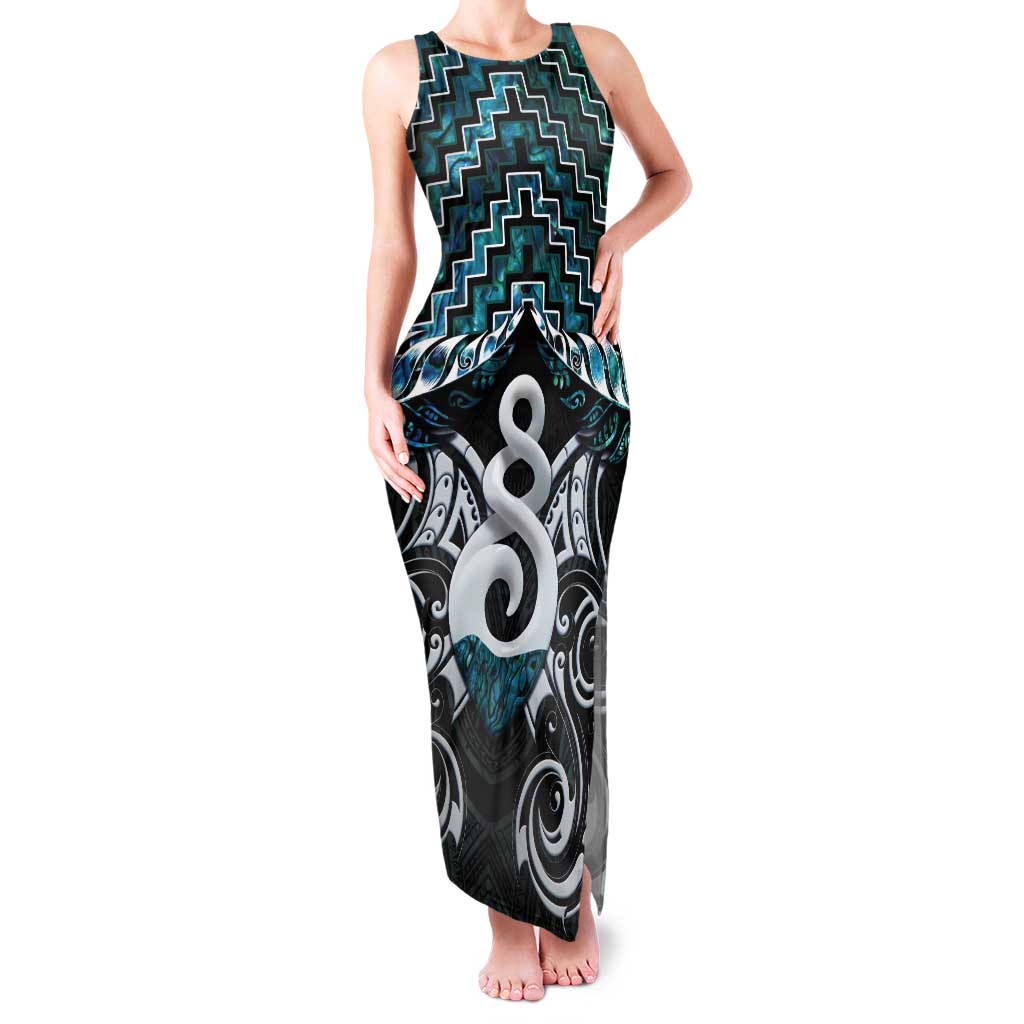 New Zealand Maori Tank Maxi Dress Poutama Pikorua Turquoise Paua Shell