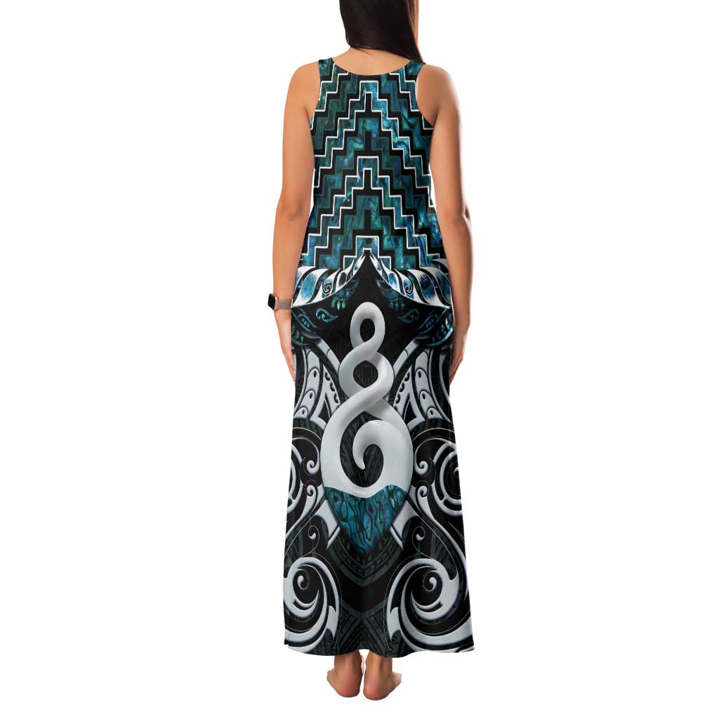 New Zealand Maori Tank Maxi Dress Poutama Pikorua Turquoise Paua Shell