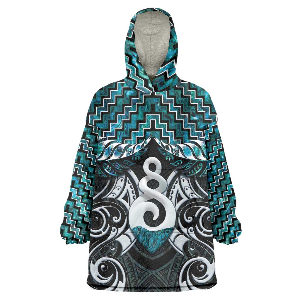 New Zealand Maori Wearable Blanket Hoodie Poutama Pikorua Turquoise Paua Shell LT05 - Vibe Hoodie Shop