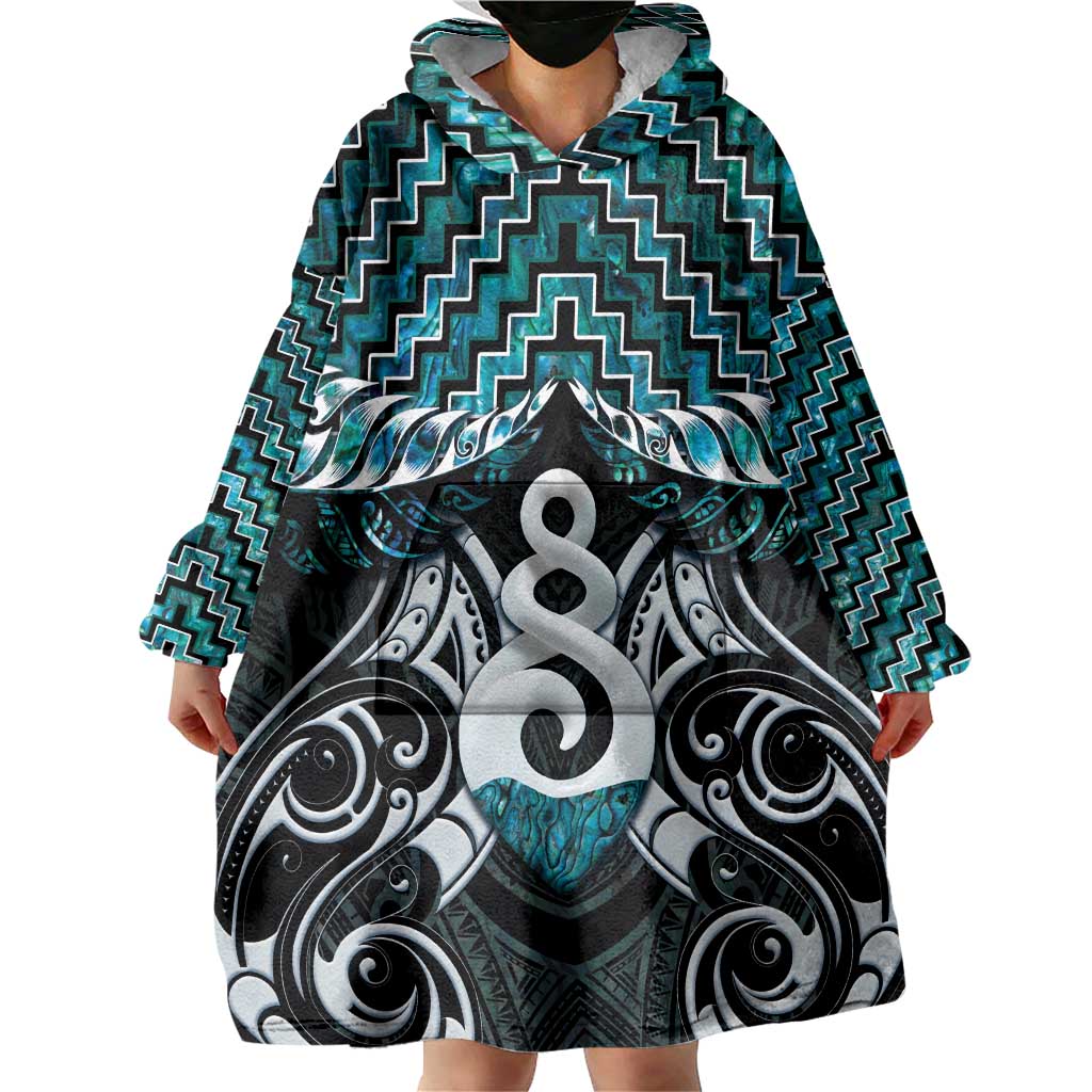 New Zealand Maori Wearable Blanket Hoodie Poutama Pikorua Turquoise Paua Shell LT05 - Vibe Hoodie Shop