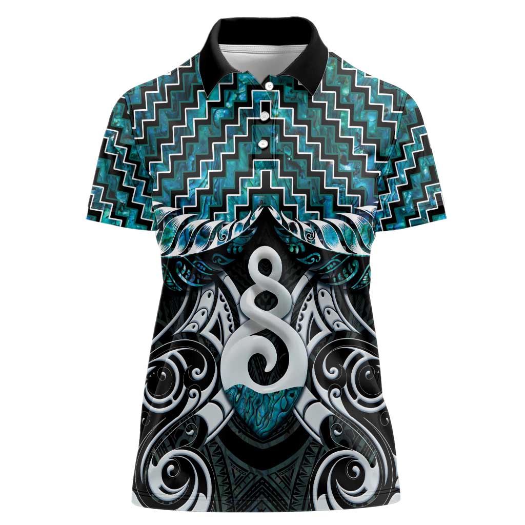 New Zealand Maori Women Polo Shirt Poutama Pikorua Turquoise Paua Shell LT05 - Vibe Hoodie Shop