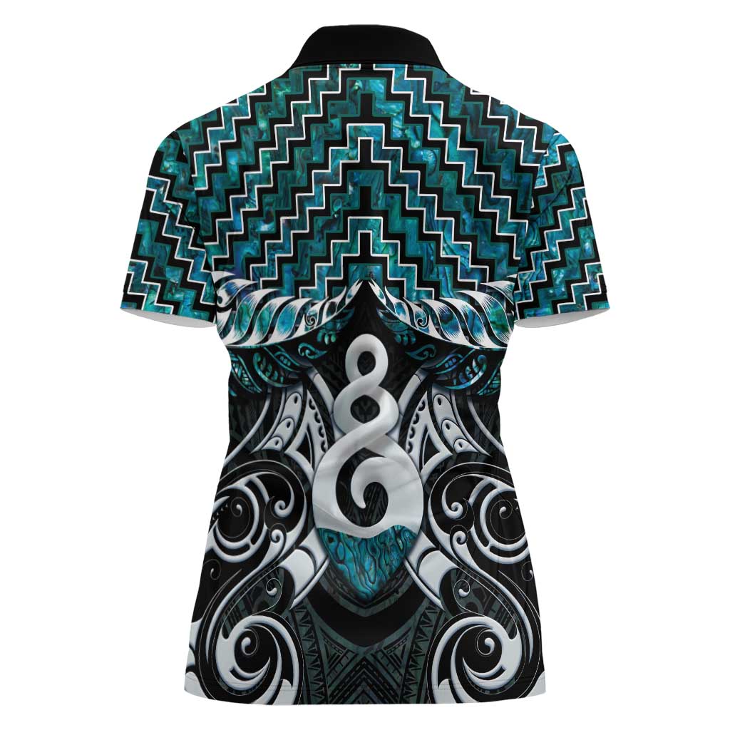 New Zealand Maori Women Polo Shirt Poutama Pikorua Turquoise Paua Shell LT05 - Vibe Hoodie Shop