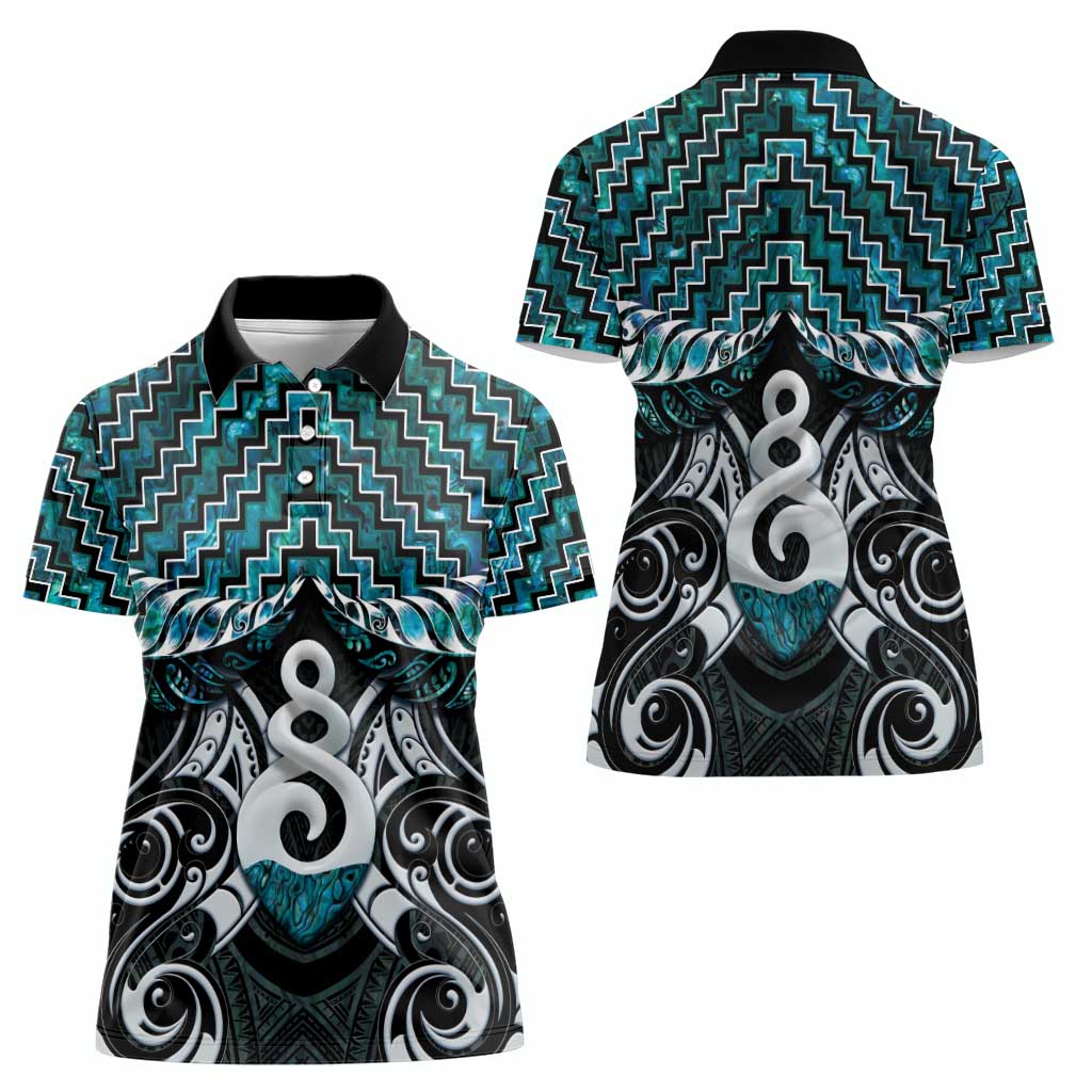 New Zealand Maori Women Polo Shirt Poutama Pikorua Turquoise Paua Shell LT05 - Vibe Hoodie Shop