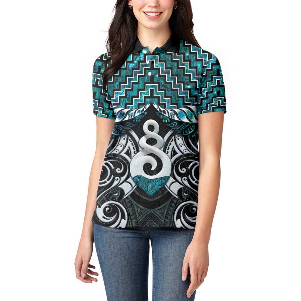 New Zealand Maori Women Polo Shirt Poutama Pikorua Turquoise Paua Shell LT05 - Vibe Hoodie Shop