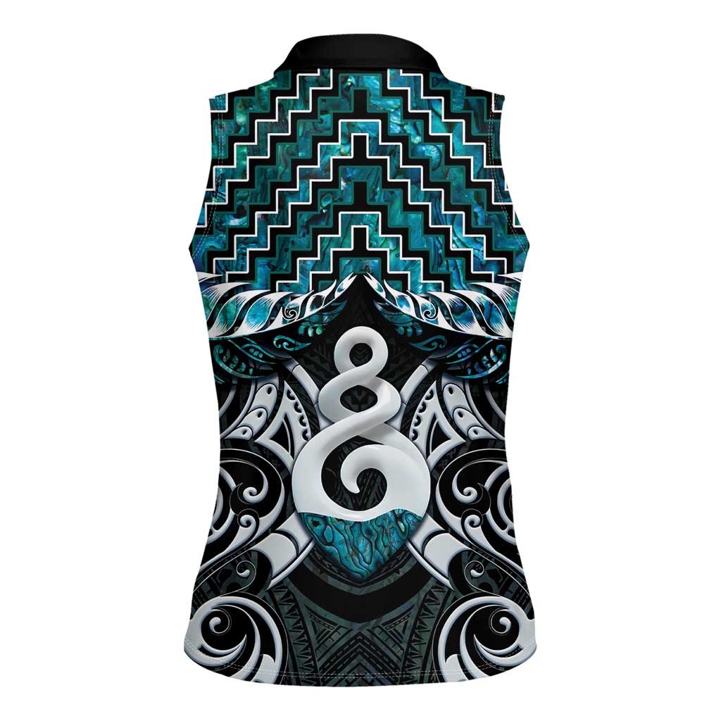 New Zealand Maori Women Sleeveless Polo Shirt Poutama Pikorua Turquoise Paua Shell