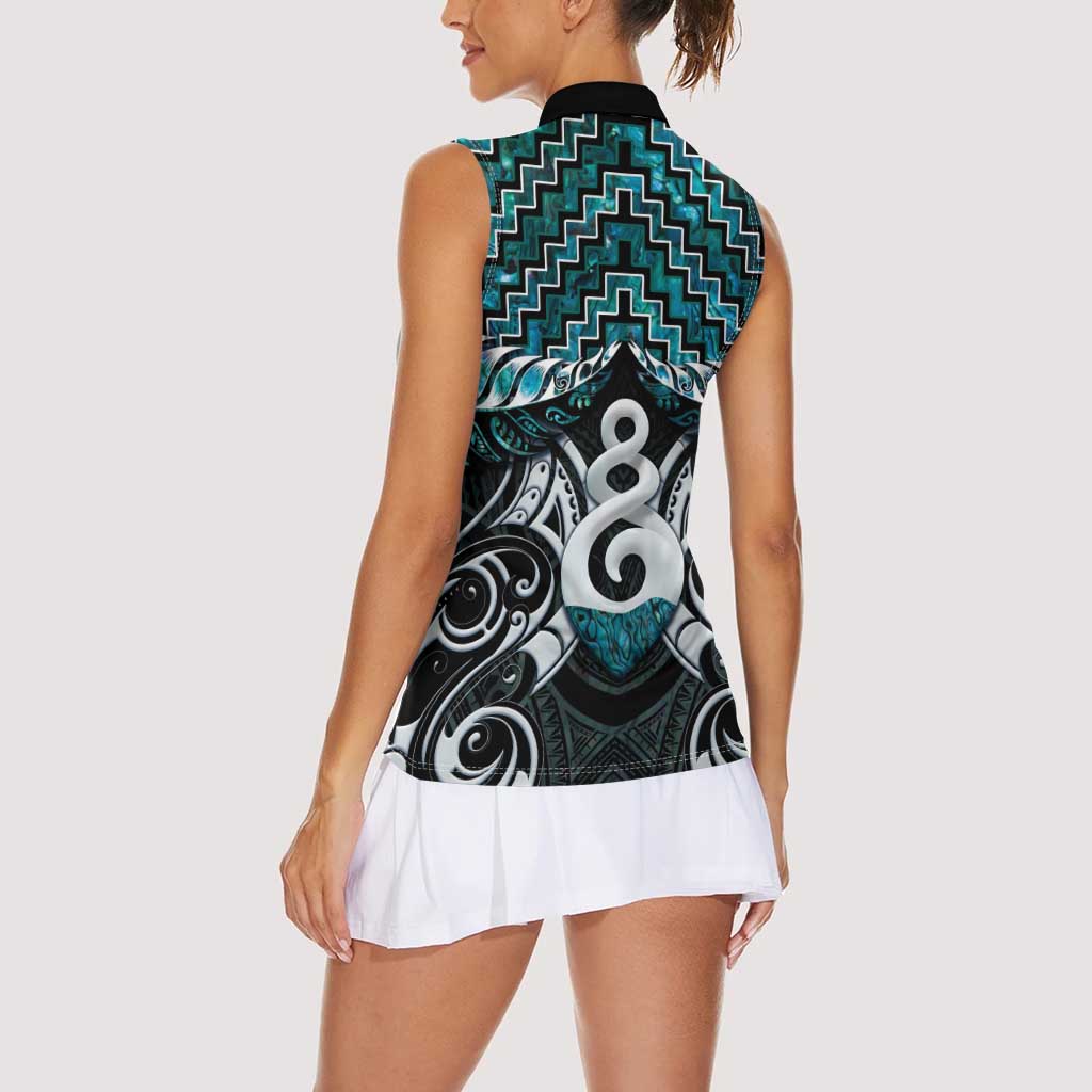 New Zealand Maori Women Sleeveless Polo Shirt Poutama Pikorua Turquoise Paua Shell