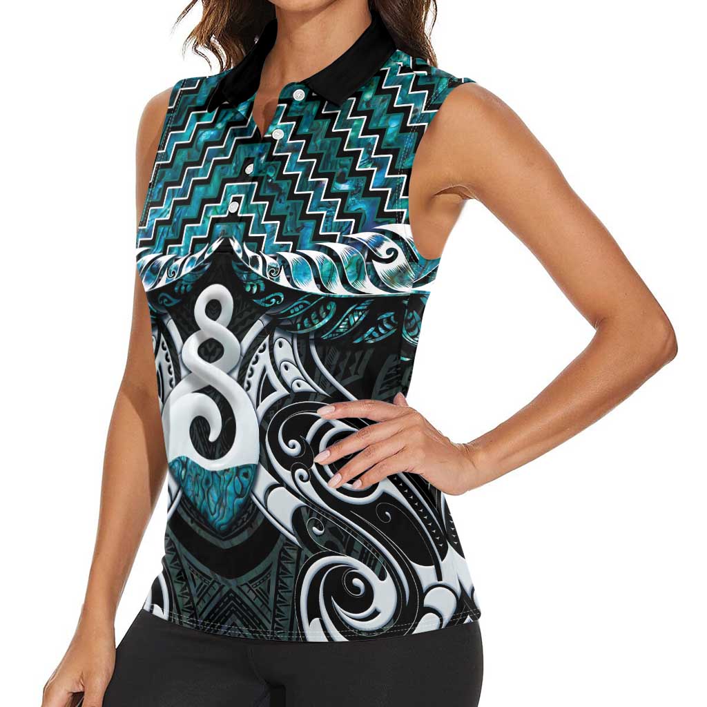 New Zealand Maori Women Sleeveless Polo Shirt Poutama Pikorua Turquoise Paua Shell