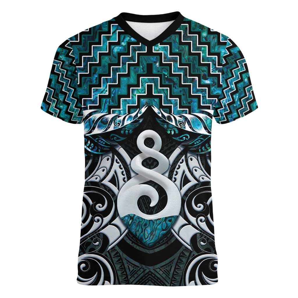 New Zealand Maori Women V-Neck T-Shirt Poutama Pikorua Turquoise Paua Shell LT05 - Vibe Hoodie Shop