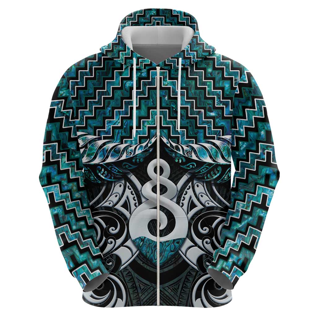 New Zealand Maori Zip Hoodie Poutama Pikorua Turquoise Paua Shell LT05 - Vibe Hoodie Shop