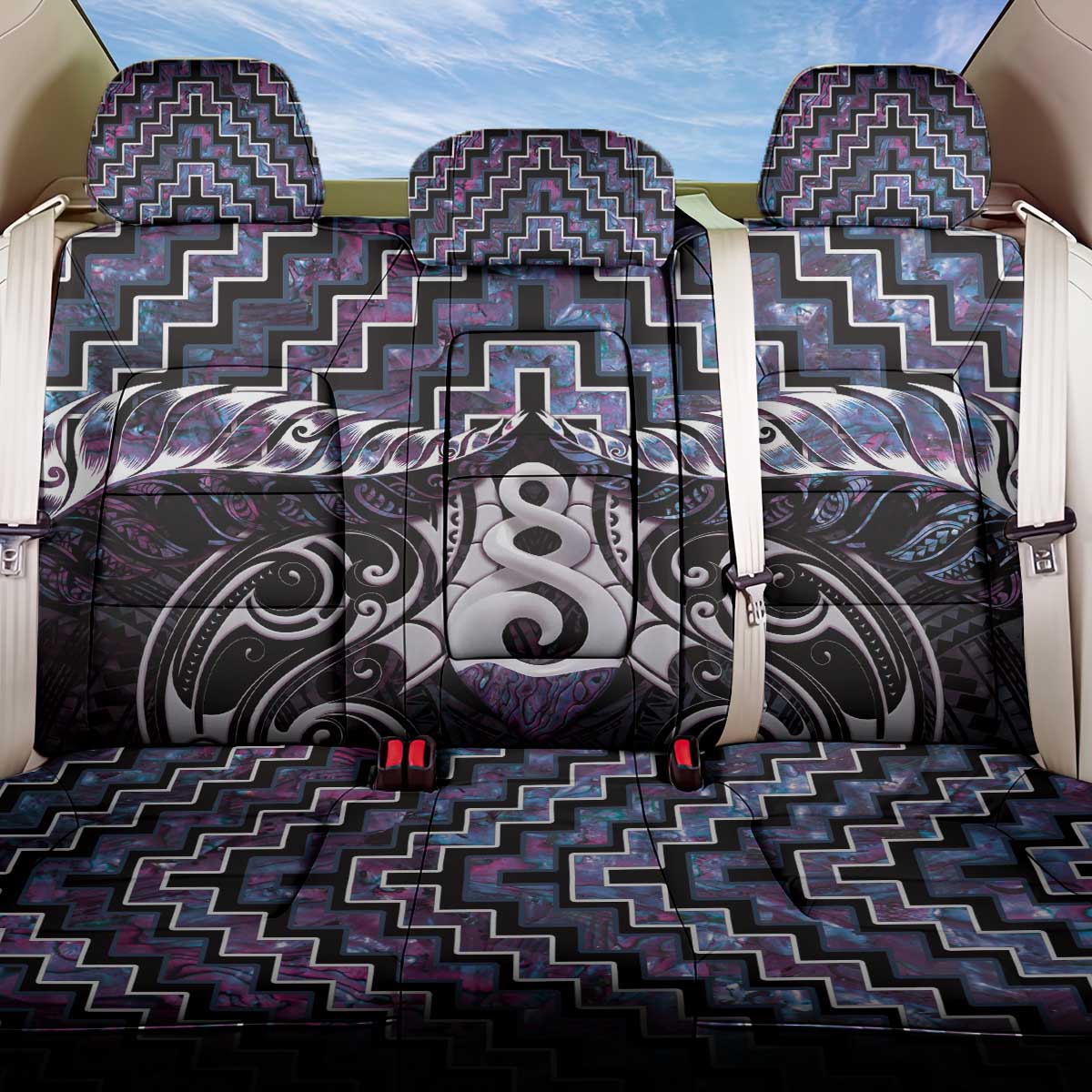 New Zealand Maori Back Car Seat Cover Poutama Pikorua Purple Paua Shell